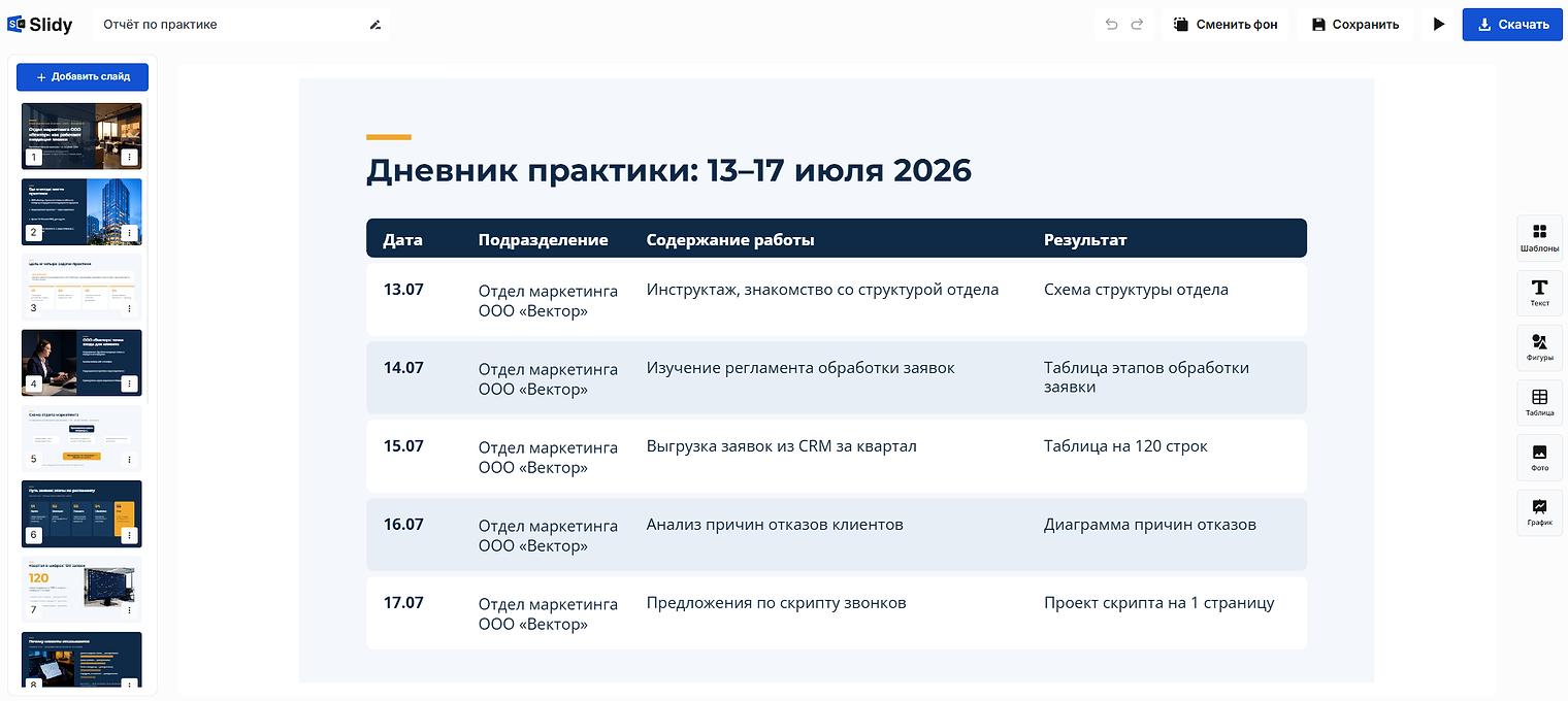 Готовая презентация в редакторе Slidy: слайд «Дневник практики: 13–17 июля 2026» — таблица с датой, подразделением, содержанием работы и результатом