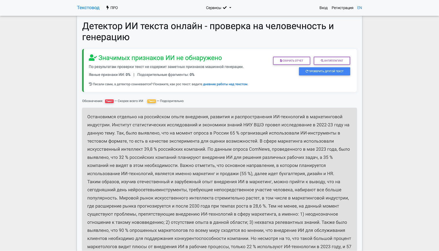 Текстовод — отсутствие значимых признаков ИИ и отдельные показатели подозрительных фрагментов