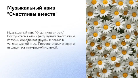 музыкальный квиз "Счастливы вместе". фон из ромашек
