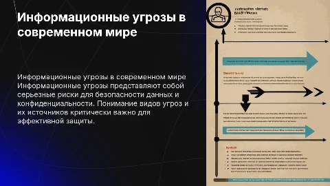 На первом слайде должна быть инфографика-схема. В инфографику-схему входит следующее: посередине надпись «Информационные угрозы», далее от неё 3 стрелочки