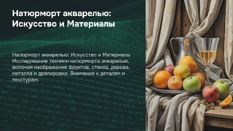 Натюрморт акварелью: фрукты, стекло, дерево и металл