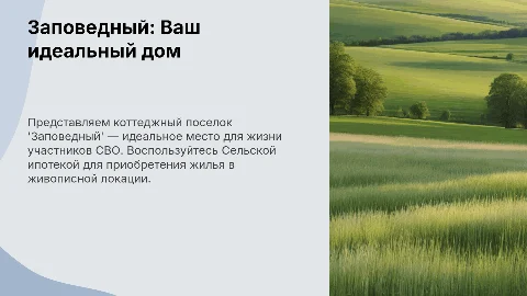 Презентация: Продающая презентация коттеджного поселка "Заповедный"