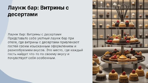 Лаунж бар при отеле: витрины с десертами для гостей