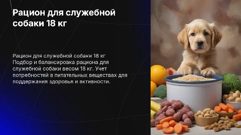 Составить рацион для служебной собаки весом 18 кг