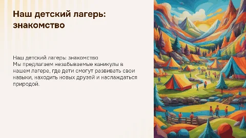 Детский лагерь, наша задача рассказать о себе